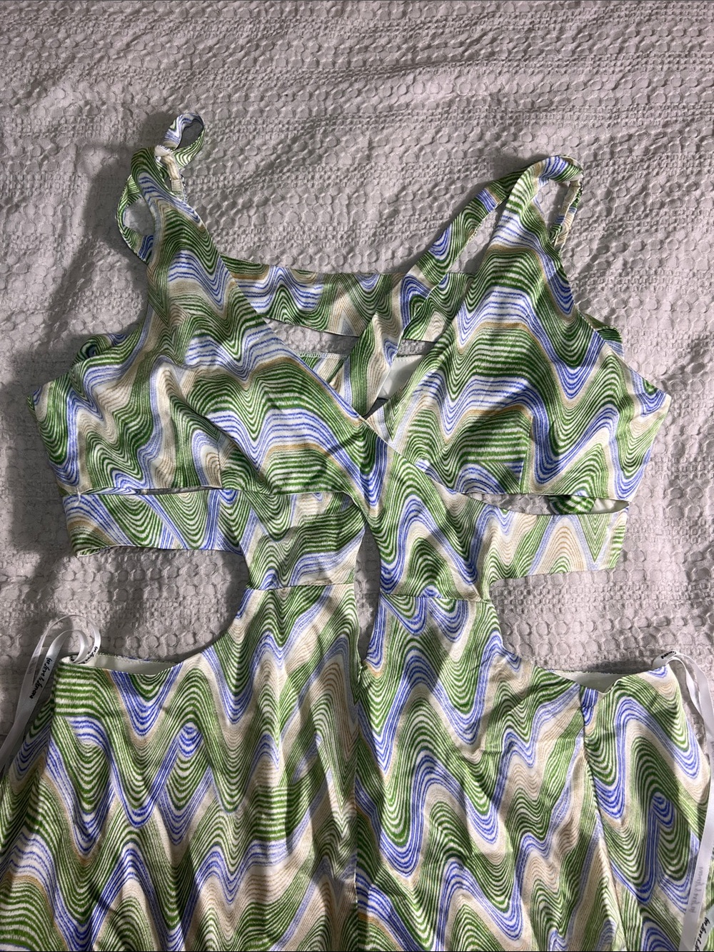 For Love And Lemons Green and White Wave-Print Mini Dress size L - Picture 12 of 14